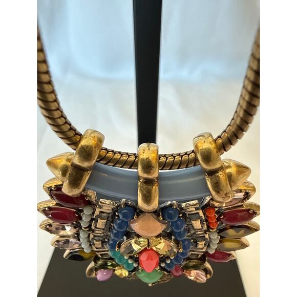 Stella & Dot Style Rainbow Multi Gemstone Statement Pendant Necklace Gold Tone - Picture 3 of 10